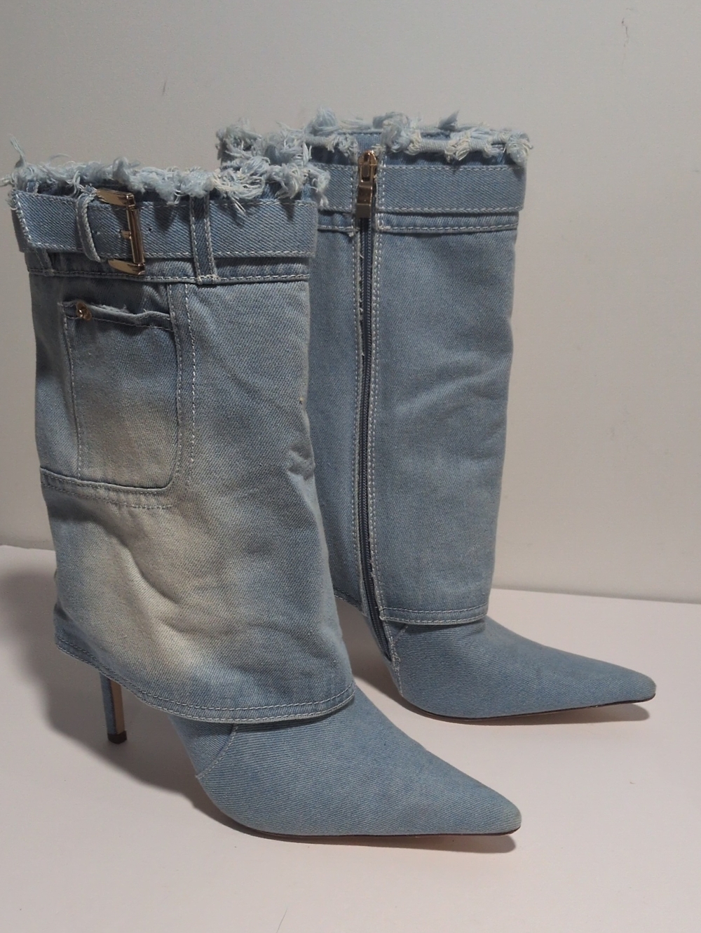 Azalea Wang Kourt denim Fold-over Stiletto Boots Size 10